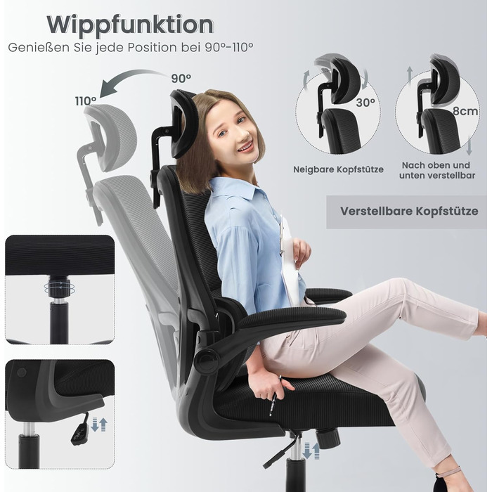 Офісний стіл Woltu: ергономічний крісло з регульованою підголівником, обертовими підлокітниками та підтримкою попереку. Крісло для офісу, витримує до 150 кг, чорний