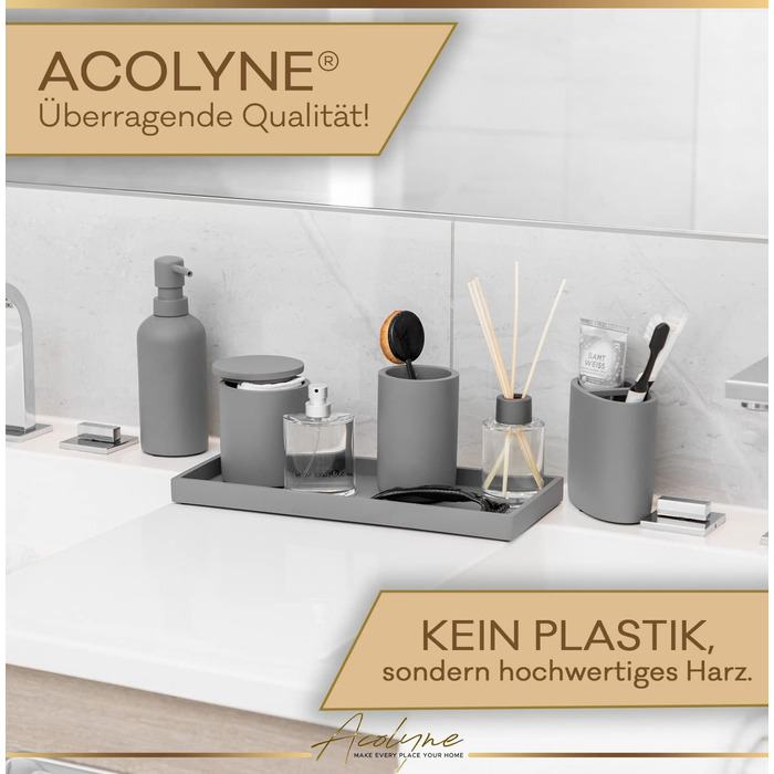 Набір аксесуарів для ванної кімнати Acolyne® Premium (5 шт.) з високоякісного гірського воску | Набір дозаторів для мила, органайзер для ванної кімнати, стакан для зубної пасти | Сірий колір