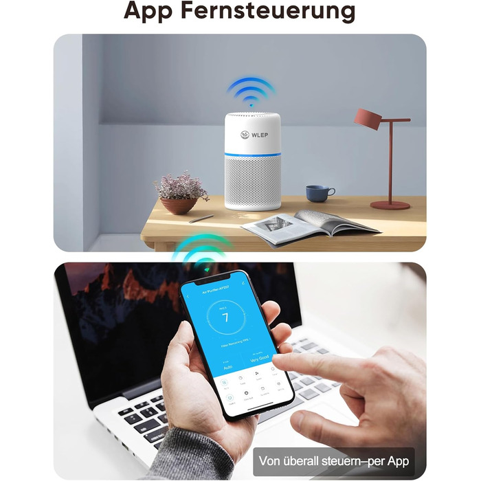 Розумний очищувач повітря з Wi-Fi, керуванням через додаток та голосовими помічниками Alexa/Google, 360° повітряний потік, фільтр HEPA H13 (99,97%), тихий нічний режим (20 dB), CADR 90 м³/год, кольорове підсвічування для спальні, модель KJ1-3S APP