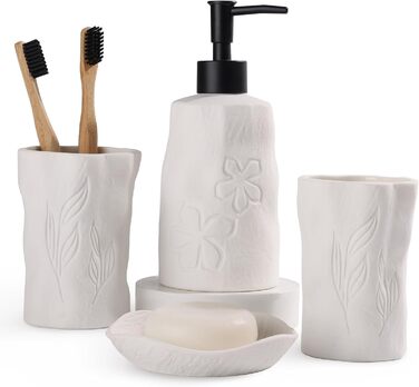 4-Piece Bathroom Accessories Set, Ceramic Bathroom Accessories Set with Soap Dispenser, Soap Dish, Toothbrush Holder, Elegant Matte Bathroom Set with Embossed Details, White
