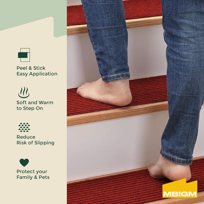 Набір сходинкових килимків MBIGM (15 шт.) - самоклеючі килимки на сходи для безпеки дітей, літніх людей та домашніх тварин (червоний, 20x65 см)