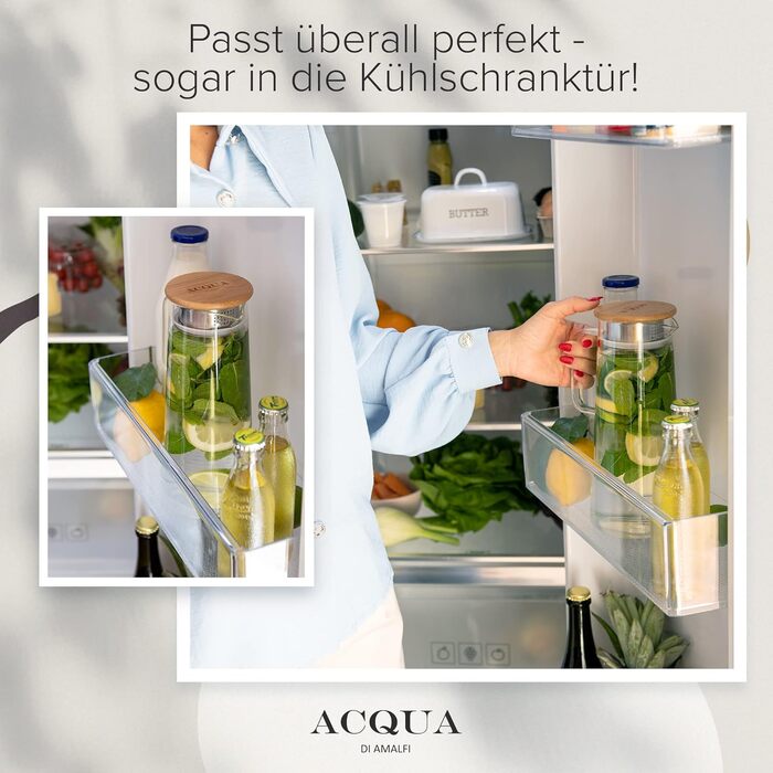 ACQUA DI AMALFI® Glass Carafe with Lid | Water Carafe 1.5 Liter | Glass Jug with Lid | Leak-proof & High-Quality | Glass Carafe ideal for Lemonade, Water & Tea (NEUTRAL/BAMBOO)