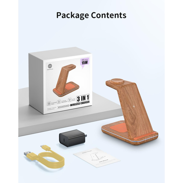 Бездротова зарядка JoyGeek 3 в 1 для Samsung Galaxy: смартфонів (S25/S24/S23/S22/Z Flip/Fold) та годинників/навушників (Watch Ultra/8-4/Buds), з бамбуковою підставкою