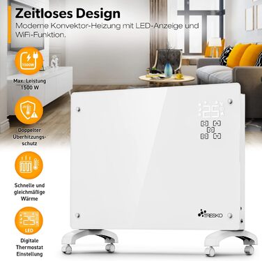 Конвектор TRESKO® з Wi-Fi, склокерамічний, 2000 Вт | Електричний нагрівач з LED-дисплеєм та таймером | Настінний/підлоговий, білий
