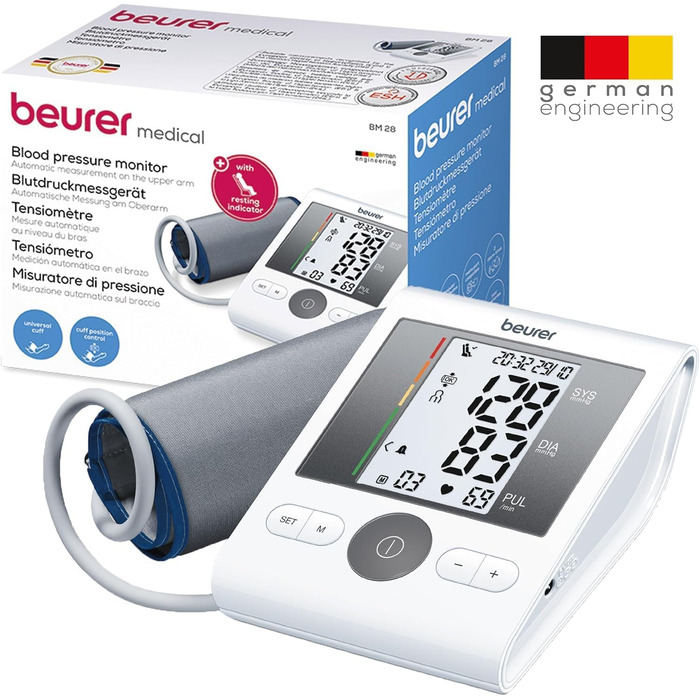 Тонометр Beurer BM 28 на плече з визначенням аритмії та кольоровим індикатором ризику, з контролем положення манжети, для обхвату плеча 22-42 см
