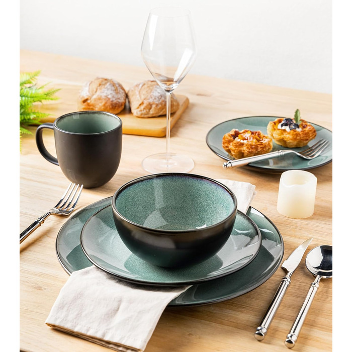 Набір посуду GBhome з каменю, 18 предметів, ручна робота, для 6 осіб, мікрохвильова та посудомийна машини, набір тарілок та мисок, Petrol