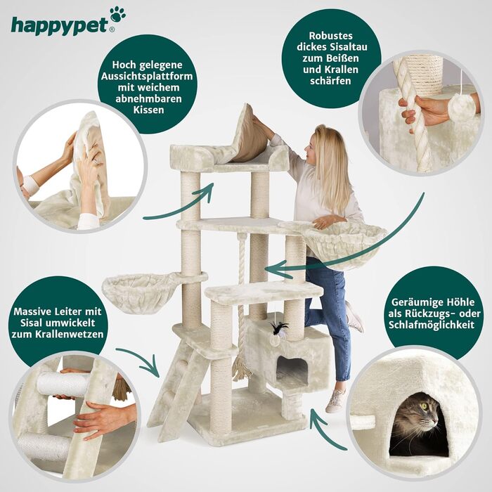HAPPYPET Драбина для котів Якоб XXL - велика, стабільна, з сизалевими стовпами, товста платформа, для великих порід (кремовий)