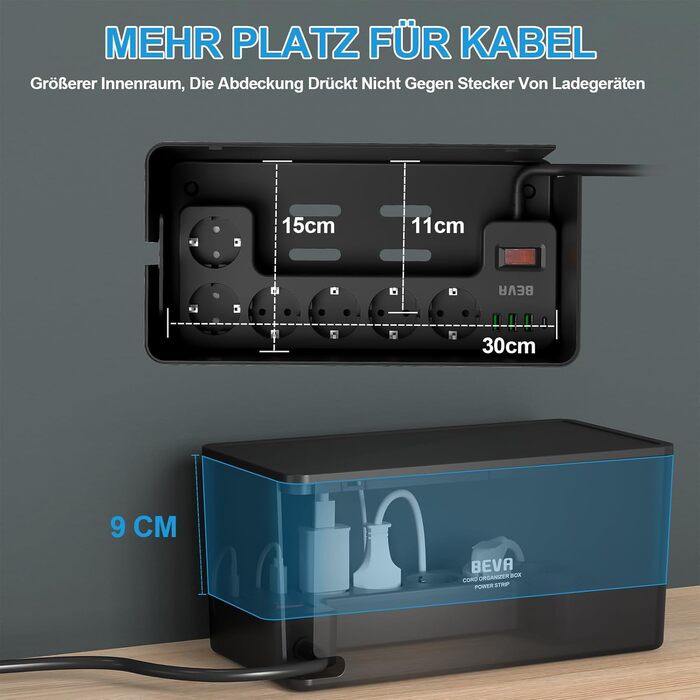 Блочок розеток BEVA з прихованими роз'ємами, 3680W/16A, захист від перенапруги 1050J, 2м кабель, 6 розеток + 3 USB-A + 1 USB-C (15W), з вимикачем, чорний