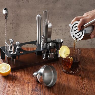 Набір бармена на 23 деталі з підставкою | Комплект шейкерів для коктейлів з усіма необхідними інструментами: шейкер Мартіні, сито, ложка, мадлер, для дому, бару, вечірки (шоколадний)