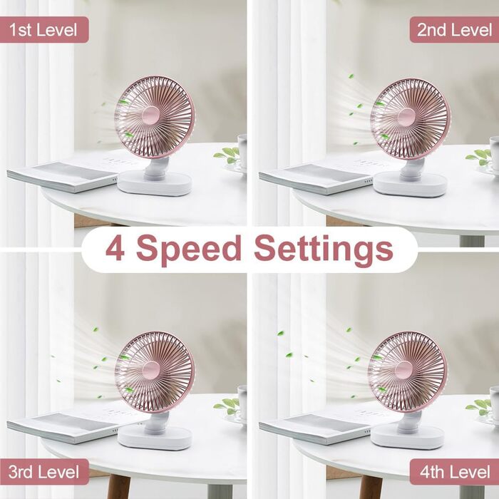 Портативний USB вентилятор на акумуляторі 4000mAh, 4 швидкості, осциляція, тихий, 16.5 см, рожеве золото