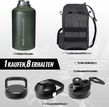 OneTigris Stainless Steel Water Bottle, 1.9L High Capacity, Insulated Sports Bottle for Bicycle, Camping, Yoga, Gym, Softair, OD Green, 64oz