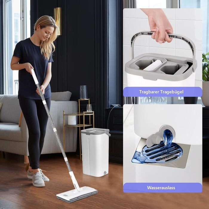 Набір для миття підлоги Masthome з відром: плоский моп, 3 мікрофібрових насадки, відро з нержавіючою сталею, моп з функцією віджиму, для прибирання підлоги (фіолетовий)