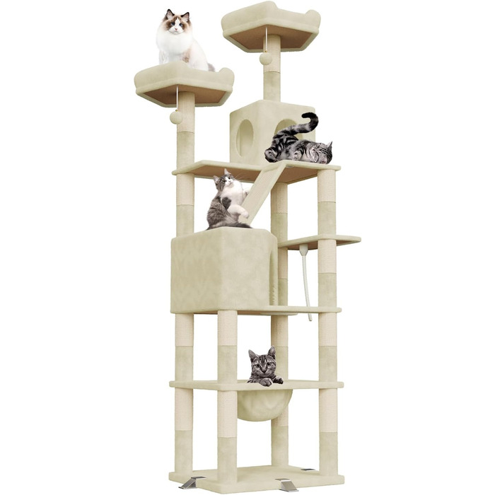 Великий котячий будиночок Kratzbaum 208 см з 3 анти-перекидною системою. Стабільний котячий будиночок XXL з 15 стовпчиками для дряпання, 2 платформами, 2 печерами, 1 рампою для дряпання та гамаком. Для великих котів (Бежевий)