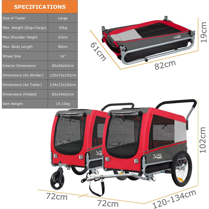 Візок для собак Tiggo VS Pets 2-в-1: візок та велосипедний причіп, великий (270 л), до 35 кг, червоний