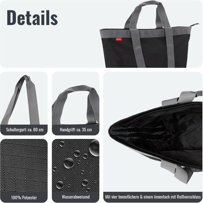 Achilles shopping bag, leisure bag, tote bag made of polyester with zipper, washable & reusable for shopping, sports, pool, beach, 51 cm x 20 cm x 40 cm
