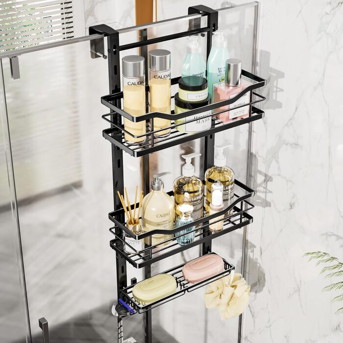 SWTYMIKI Adjustable Hanging Shower Shelf - No Drilling Shower Shelf for Glass Door, Stainless Steel Shower Shelf with Hooks and Soap Holder, Shampoo Holder for Shower, Black