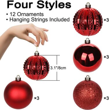 8 см Новорічні кулі для прикраси ялинки, 12 шт. Міцні новорічні кулі-орнаменти для ялинки, червоні. Новорічний декор