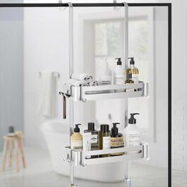 AIGOCITY Shower Shelf for Hanging Without Drilling for Glass Shower Doors, Silver, with 6 Hooks for Frameless Glass Door, Stainless Steel