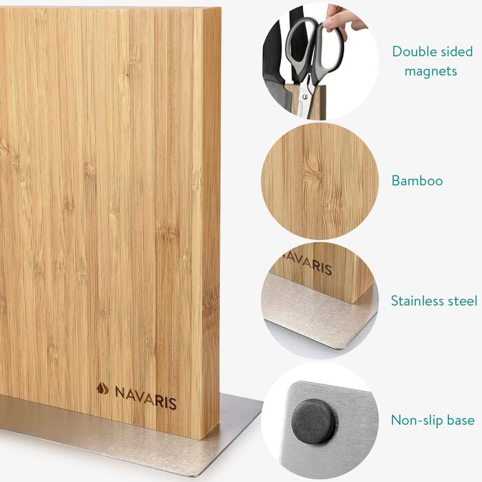 Navaris Double-Sided Magnetic Knife Holder made of Bamboo - Magnetic Knife Block, Knife Board, Double-Sided Magnetic Knife Holder - Unfilled Knife Holder