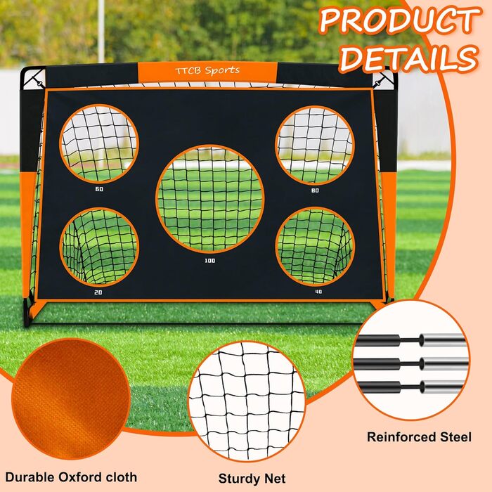 TTCB Sports 2-in-1 Kids Soccer Goal - 5 Target Areas, Pop-Up Soccer Goal Net with Carry Bag, Ideal for Soccer Training & Gifts for Boys - Orange, 150x120x120cm