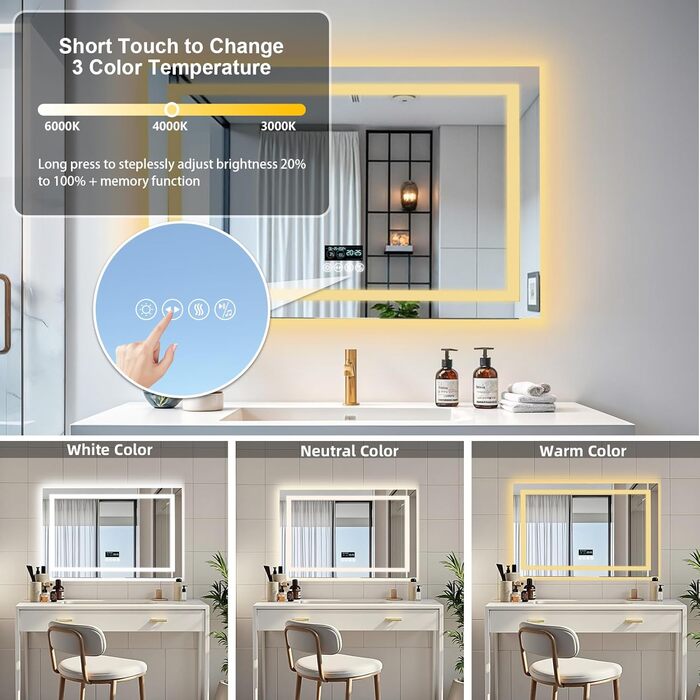 Дзеркало для ванної кімнати LUVODI з підсвічуванням: 100x70 см, годинник, температура, дата, антизапар, регулювання яскравості, 3 кольори світла, функція пам'яті, LED, водонепроникне, Bluetooth