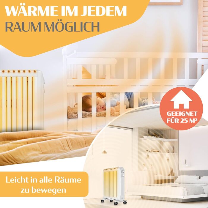 Масляний радіатор KESSER® 2500W з термостатом | Електричний обігрівач, 3 режими нагріву, білий