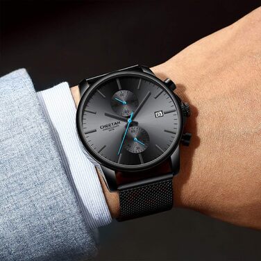 Чоловічий годинник, спортивний, модний, кварц, аналоговий, чорний міський ремінець, нержавіюча сталь, водонепроникний, хронограф, автоматичне відображення дати, синій