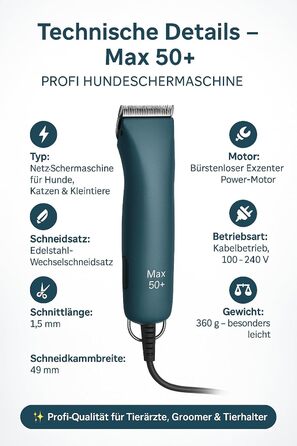Професійна машинка для стрижки собак Rotschopf24 Edition MAX 50+ з 8 металевими насадками та сумкою. Потужніша за Moser MAX50