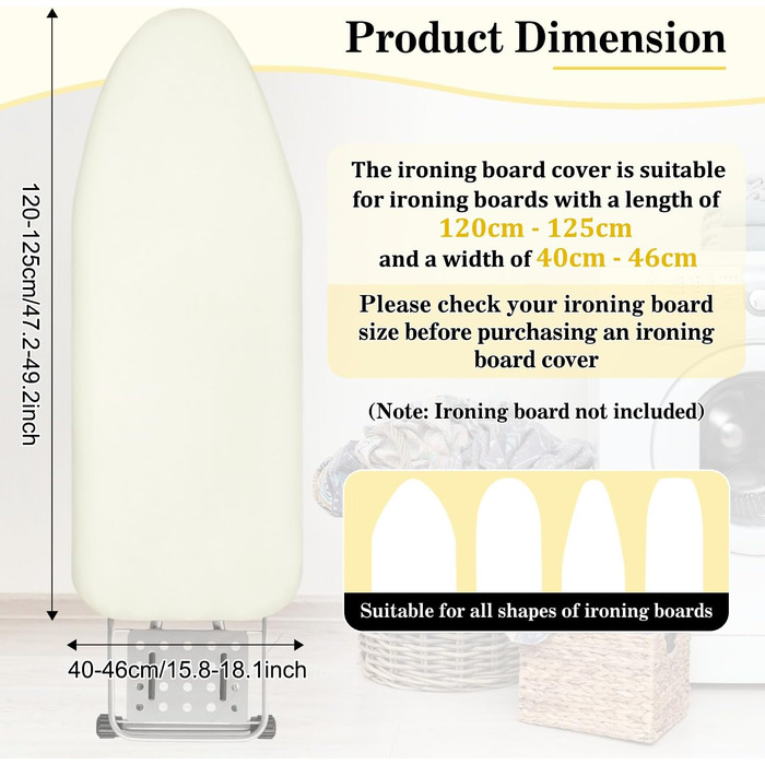 Чохол для прасувальної дошки з бавовни, еластичний, для парогенераторів, 120-125x40-46 см (слонова кістка)
