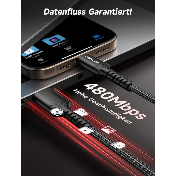 Кабель USB-C JSAUX 2 шт. (2м), 3.1A, нейлон, швидка зарядка, сумісний з Samsung Galaxy, iPhone, CarPlay, PS5