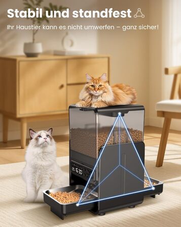 Автомат годівлі для котів з керуванням через додаток, для 2 котів, регульована висота, 2 миски, 5 л, з функцією запису голосу та таймером