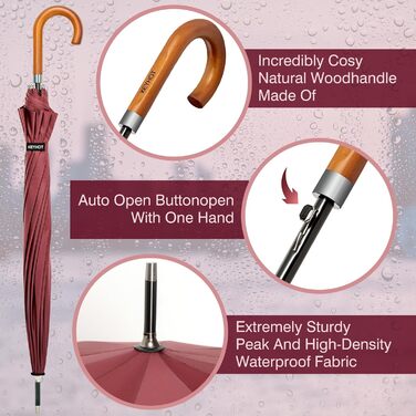 KEYHOT Windproof Umbrella - Large Stick Umbrella with Wooden Handle for Men & Women - 12 Ribs, XL - Burgundy, 118cm