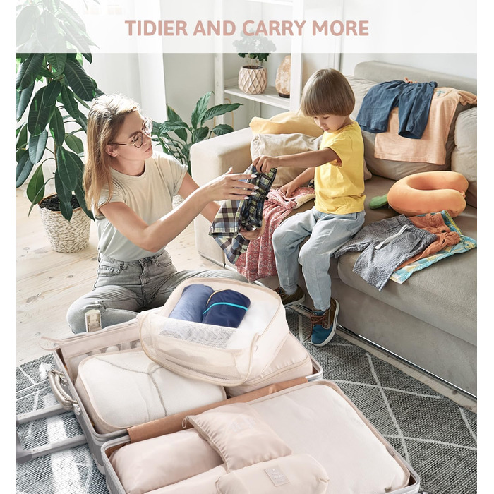 Органайзер для валізи Meowoo, 8-кількість, набір кубиків для пакування, для подорожей та бізнесу, з кишенями для одягу, для зберігання багажу, система організації (Бежевий-9шт)