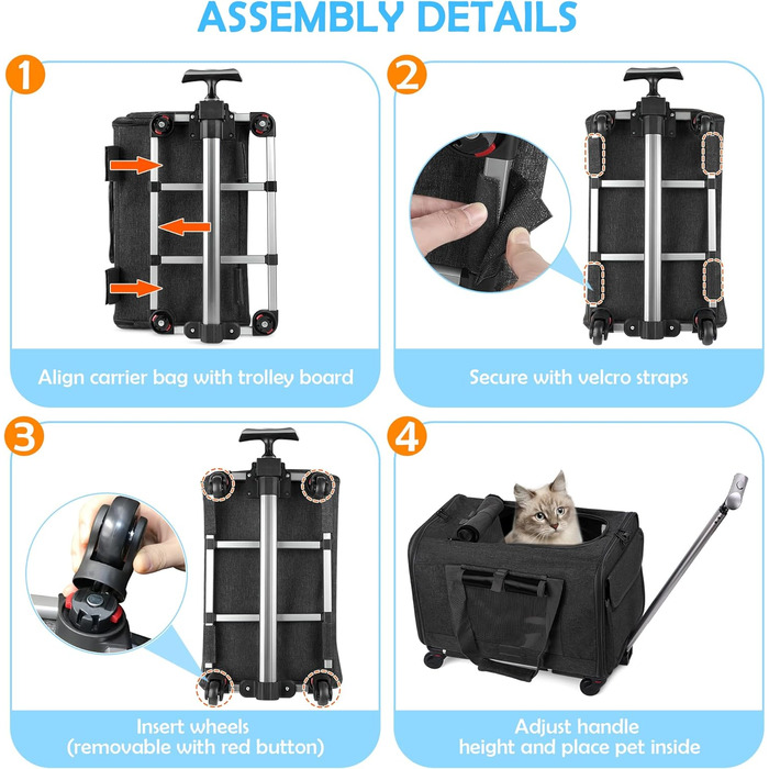 Переноска для тварин ALLSOPETS з колесами для котів та собак, схвалена для авіаперельотів, з висувним ручками, знімними колесами та плечовим ременем, сіра