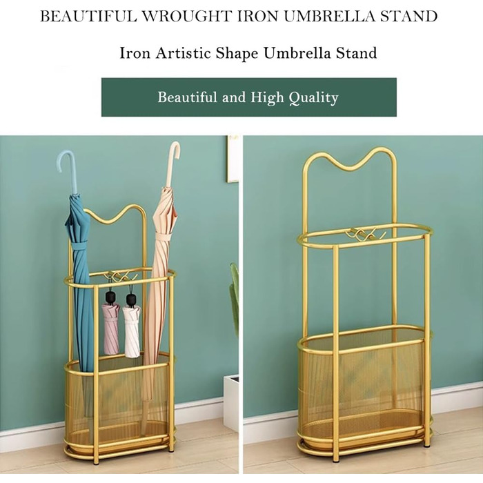 Металева підставка для парасоль та тростинок SINBINTA, з гачками та піддоном, для прихожого/входу (Золота)
