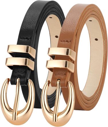 Жіночі шкіряні ремені WERFORU (2 шт.) - тонкі ремені для джинсів, штанів, суконь. Розмір 99-114 см. Золотисті та сріблясті пряжки. Чорний + коричневий кольори