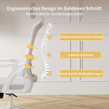 Офісний крісло Naspiro Ergonomic, регульована висота, поворотне, з дихаючою спинкою з сітки, відкидні підлокітники на 90°, підтримка попереку, щільна піна, для дому/офісу (Сірий-1, з підголовником)