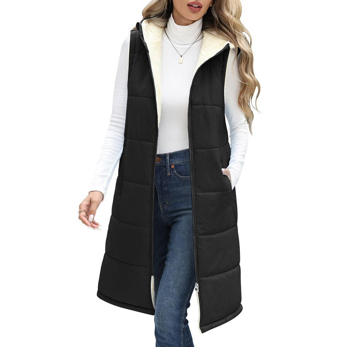Жіноча довга жилетка Vancavoo з капюшоном на осінь/зиму: степкова, без рукавів, з флісовою підкладкою, тепла, чорна, розмір L