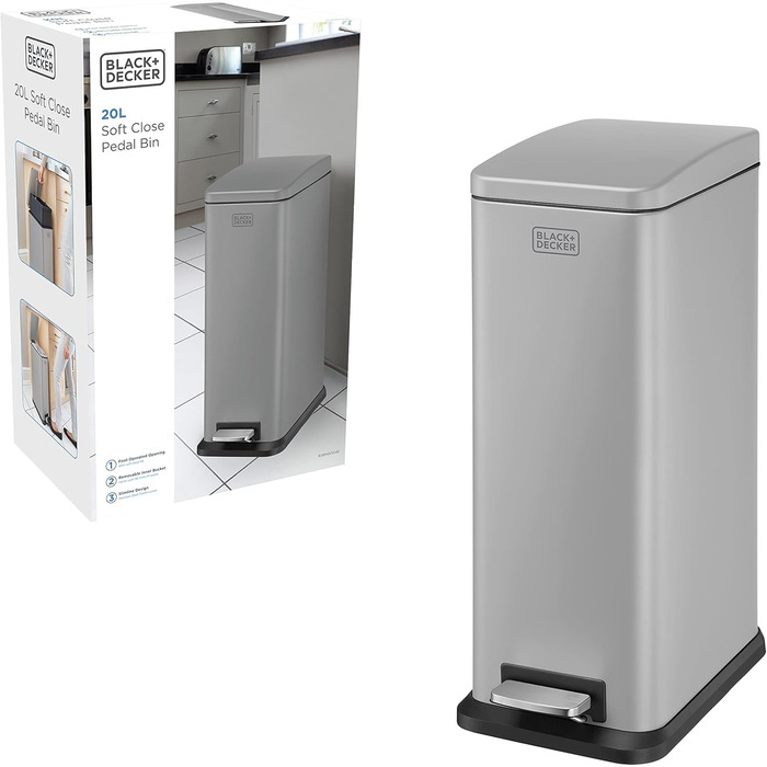 Відро для сміття BLACK+DECKER з м'яким закриттям кришки, нержавіюча сталь, 30 x 14 x 29 см, сірий колір, 20 л, прямокутна форма