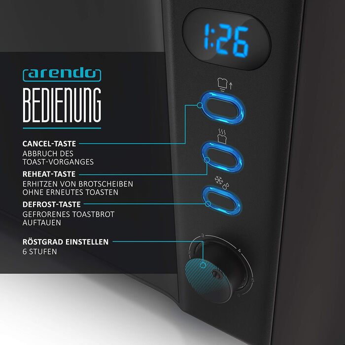 Arendo - 2-Slice Long Slot Toaster - Defrost Function - 1000 W - Double-walled Housing - Integrated Roll Attachment - Browning Levels 1-6 – Display with Remaining Time Indicator - Stainless Steel Black Matte A: Black Matte