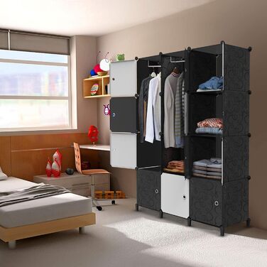 HOMIDEC Closet, Portable Storage System, 20-Cube Plastic Closet with 2 Clothes Rods, Bedroom Closet Wardrobe White for Bedroom, 180 x 142 x 45cm (12 cube, White & Black)