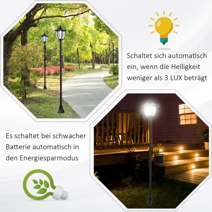 Сонячне освітлення для саду Outsunny – LED ліхтар для саду та тераси, 30/60 люмен, пластик, чорний, Ø26,5 x H177 см. Ідеально підходить для саду та тераси.