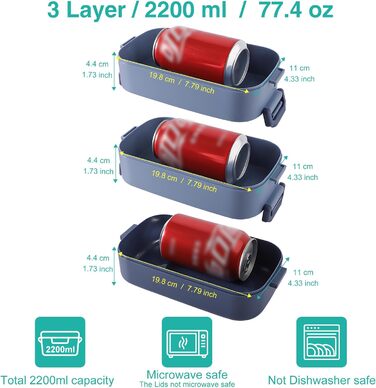 Ланчбокс Brotdose з 3 ярусами, 2200 мл, Bento Box з посудом, роздільники, BPA Free, для мікрохвильової печі, бежевий, 19.5 x 11.2 x 15 см, PP матеріал