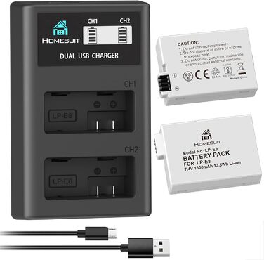 Акумулятор LP-E8 1800mAh та LED-зарядний пристрій для Canon EOS Rebel T2i T3i T4i T5i EOS 550D 600D 650D 650D 700D Kiss X4 X5 X6 X6i X7i (2 шт. акумулятори + 1 зарядний пристрій)