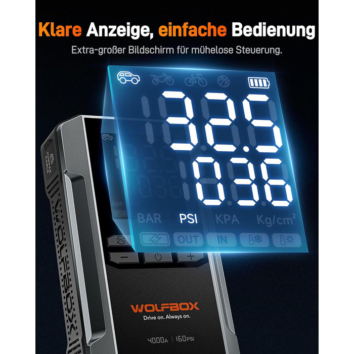WOLFBOX 4000A: Портативний пусковий пристрій з компресором 160PSI, 12V, 65W, 88.8Wh для бензинових/дизельних двигунів, LED-ліхтар, кабелі для підключення