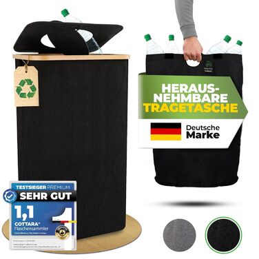 Deposit bottle collection container with lid and carrying bag | Deposit container with holes, rotatable | Ideal deposit bottle storage, empty container collection container, bottle collector (Black, without print)