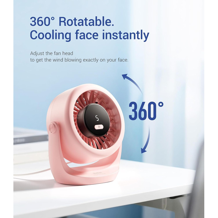 USB вентилятор TurboBreeze Rosa: потужний, портативний, з LED-дисплеєм та 5 швидкостями, 360° обертання