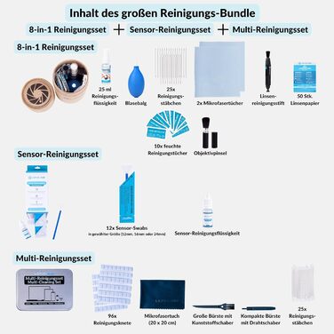 Набір для чищення камери LENS-AID 8-в-1: для об'єктивів, камер повного формату та APS-C. З рідким очищувачем, мікрофіброю, стайками, серветками, стиком, повітряним насосом та іншим.