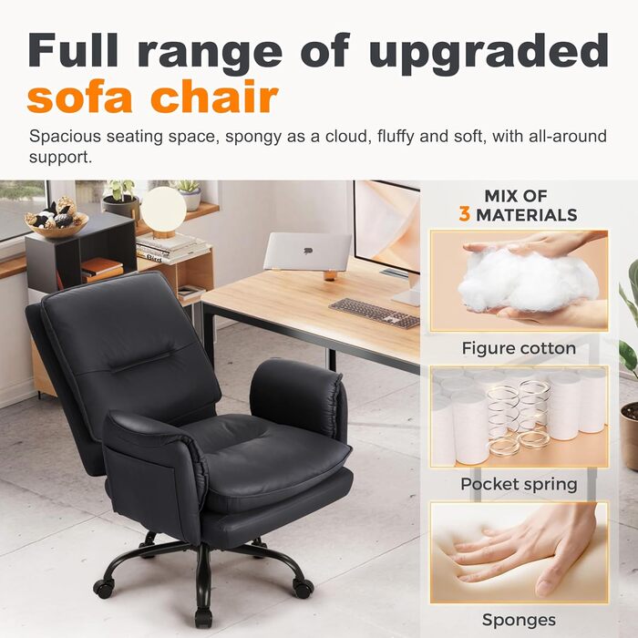 Офісний крісло IWMH з PU шкіри, ергономічне, регульоване, з підлокітниками та реклінером (90-135°), чорне