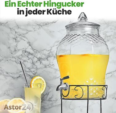 Glass Giraffe - Drink Dispenser with Stainless Steel Tap and Stand - 8 Liter - Water Dispenser - Carafe for Punch and Cocktails - Glass Lemonade Dispenser - Glass Vat